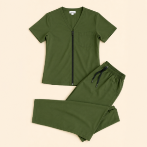 Front Zippered Two Piece Scrub Set — Olive